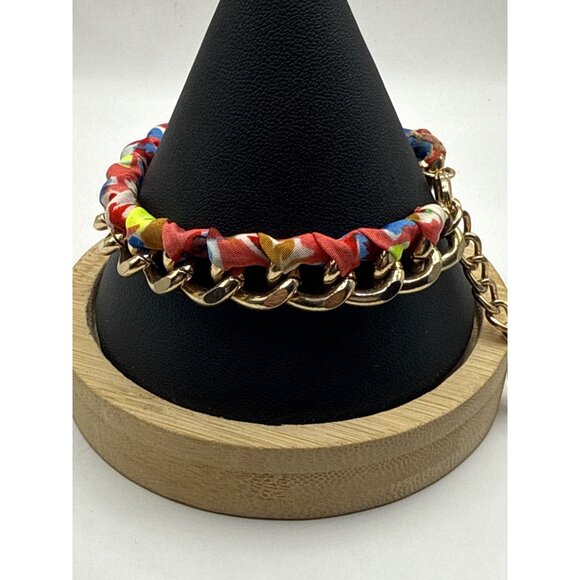 Colorful Fabric-Wrapped Gold Chain Bracelet With Lobster Clasp & Adjustable Fit - Picture 6 of 6